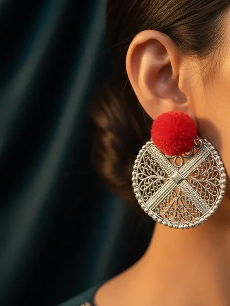 Big Circle Earrings with Pompom