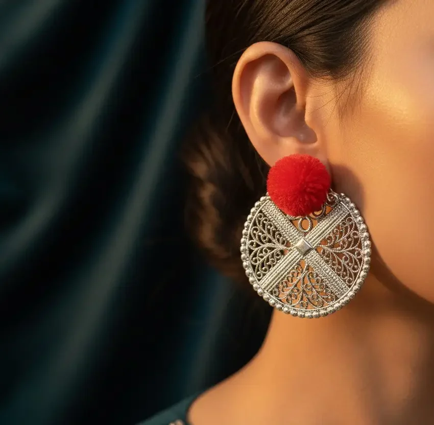 Big Circle Earrings with Pompom