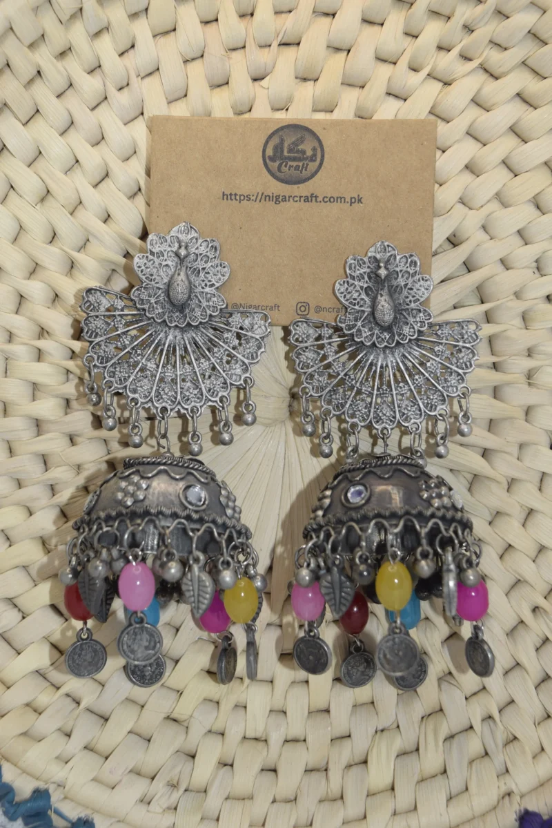 Silver Peacock Earrings Jhumka