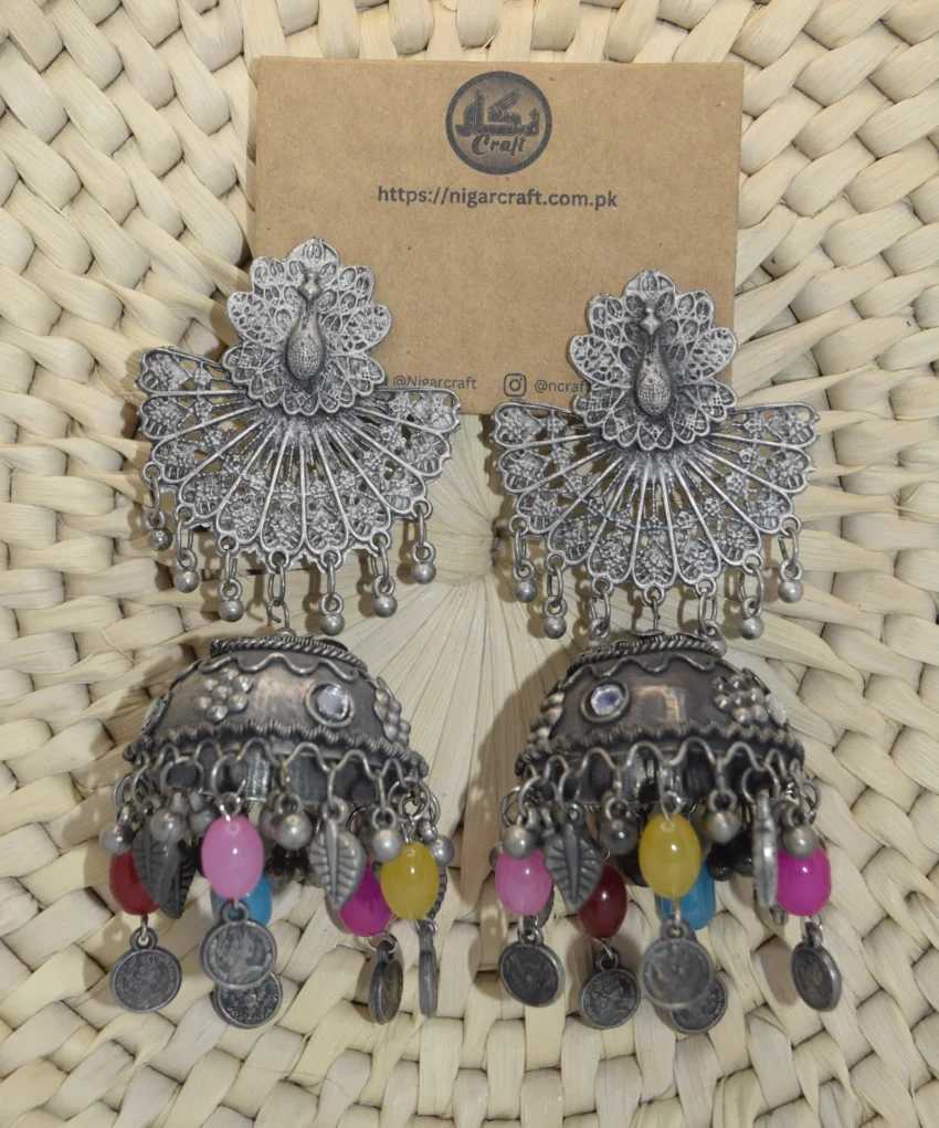 Silver Peacock Earrings Jhumka