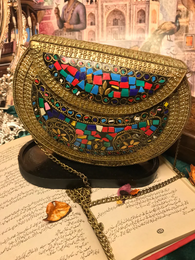 Elevate your style with this stunning Large Gold Clutch Bag , a masterpiece of wearable art showcasing intricate mosaic designs and a luxurious metallic sheen (1)