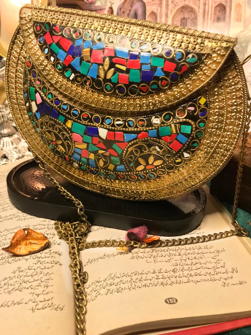 Elevate your style with this stunning Large Gold Clutch Bag , a masterpiece of wearable art showcasing intricate mosaic designs and a luxurious metallic sheen (1)