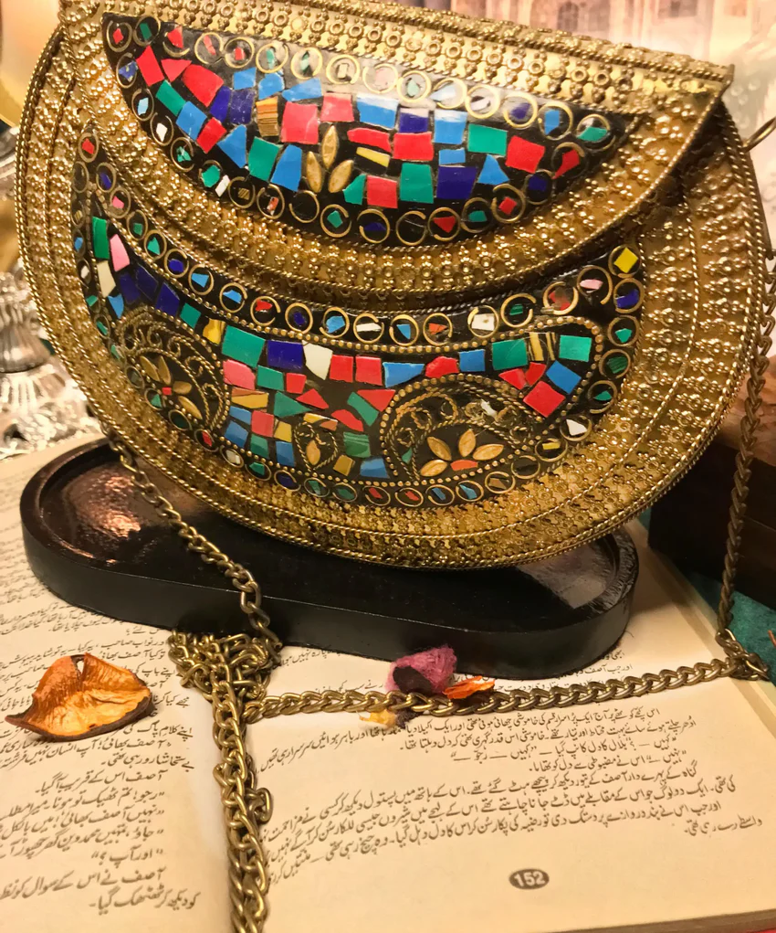 Elevate your style with this stunning Large Gold Clutch Bag , a masterpiece of wearable art showcasing intricate mosaic designs and a luxurious metallic sheen (1)